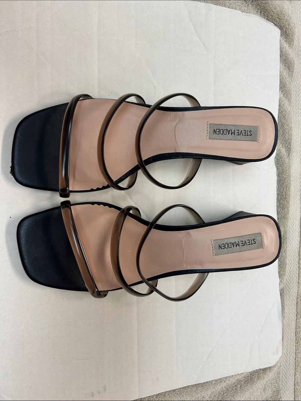 Steve Madden Black and Nude Clear-Strap Slide Sandals,Size 9